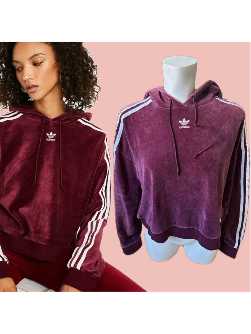 Adidas Originals Velour Hoodie Burgundy 3 Stripe Pullover Size M